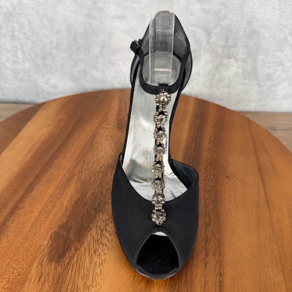 Stuart Weitzman Shoes Womens 7.5 M Black Satin Peep Toe Jeweled T-strap Pump - Picture 5 of 16